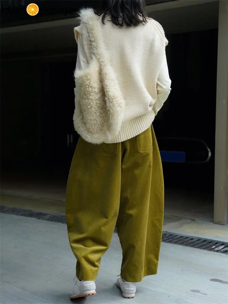HanOrange 2026 Autumn Winter Lazy Arc Corduroy Wide Leg Pants Women Elastic Waist Loose Casual Comfortable Trousers Female