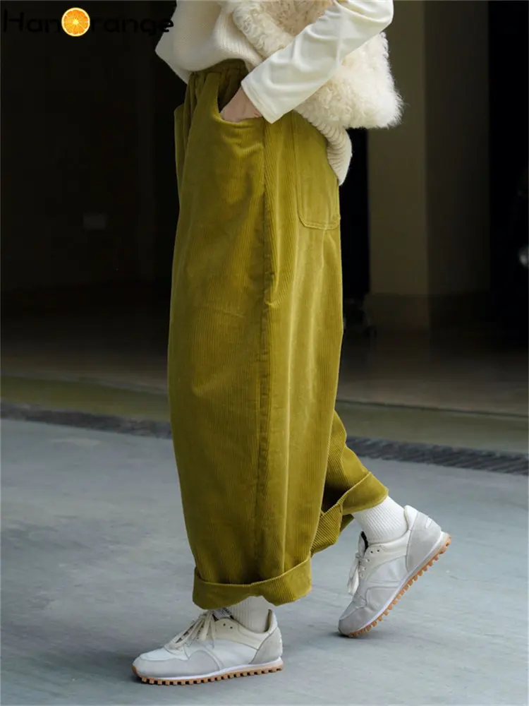 HanOrange 2026 Autumn Winter Lazy Arc Corduroy Wide Leg Pants Women Elastic Waist Loose Casual Comfortable Trousers Female