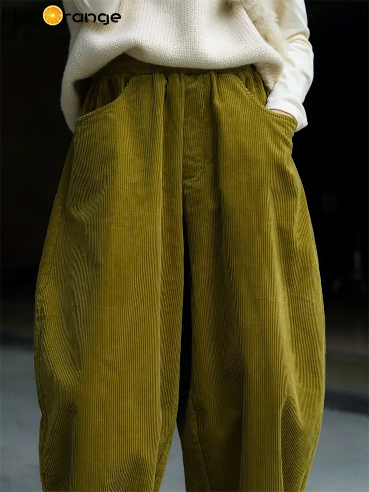 HanOrange 2026 Autumn Winter Lazy Arc Corduroy Wide Leg Pants Women Elastic Waist Loose Casual Comfortable Trousers Female