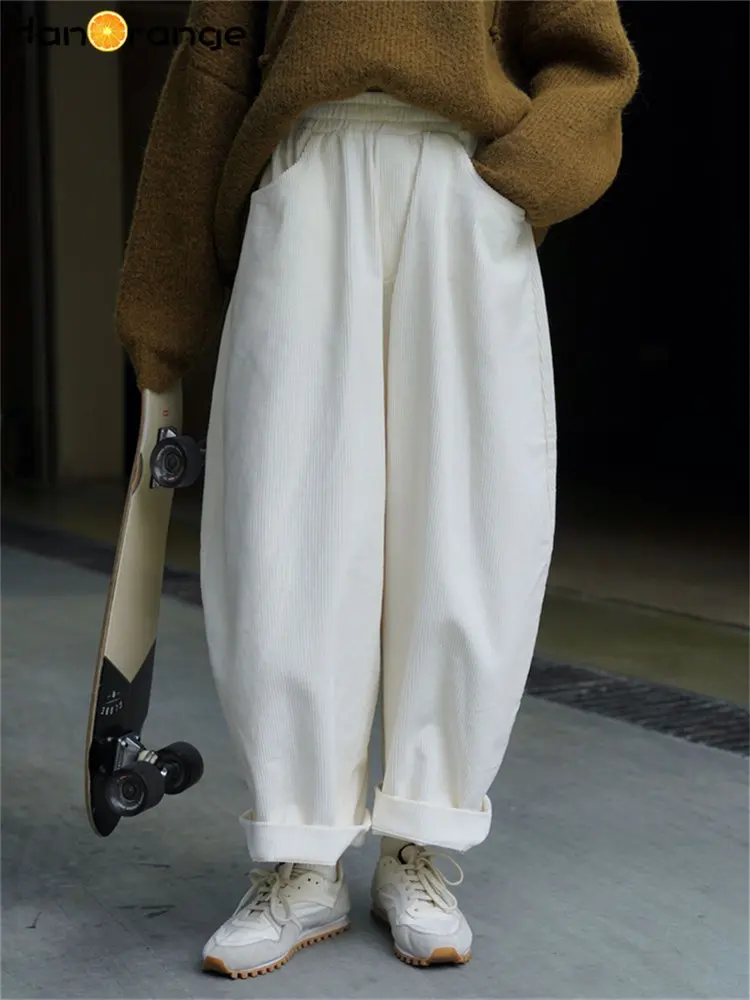 HanOrange 2026 Autumn Winter Lazy Arc Corduroy Wide Leg Pants Women Elastic Waist Loose Casual Comfortable Trousers Female
