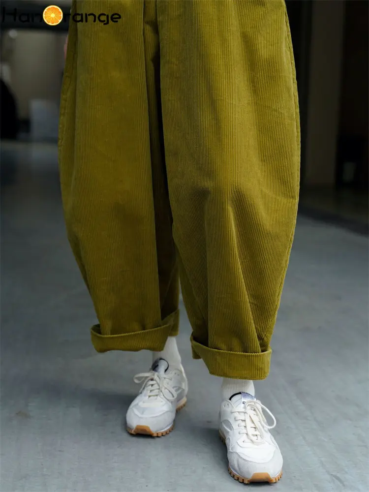 HanOrange 2026 Autumn Winter Lazy Arc Corduroy Wide Leg Pants Women Elastic Waist Loose Casual Comfortable Trousers Female