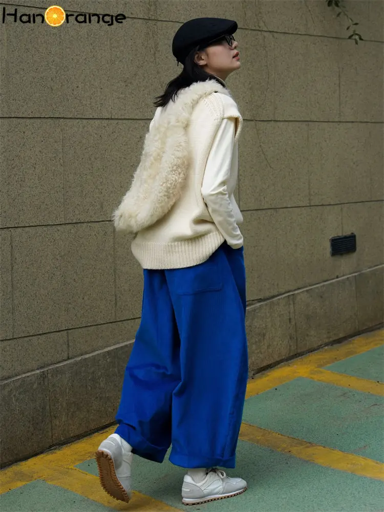 HanOrange 2026 Autumn Winter Lazy Arc Corduroy Wide Leg Pants Women Elastic Waist Loose Casual Comfortable Trousers Female