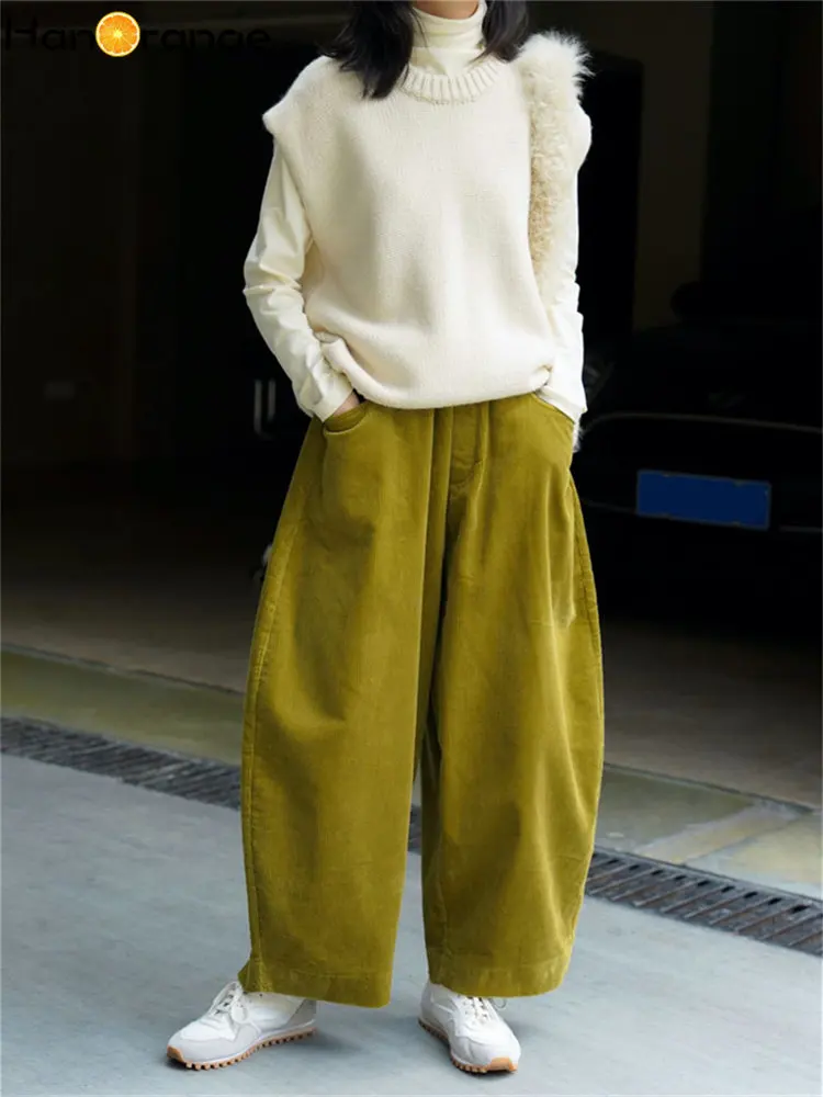 HanOrange 2026 Autumn Winter Lazy Arc Corduroy Wide Leg Pants Women Elastic Waist Loose Casual Comfortable Trousers Female