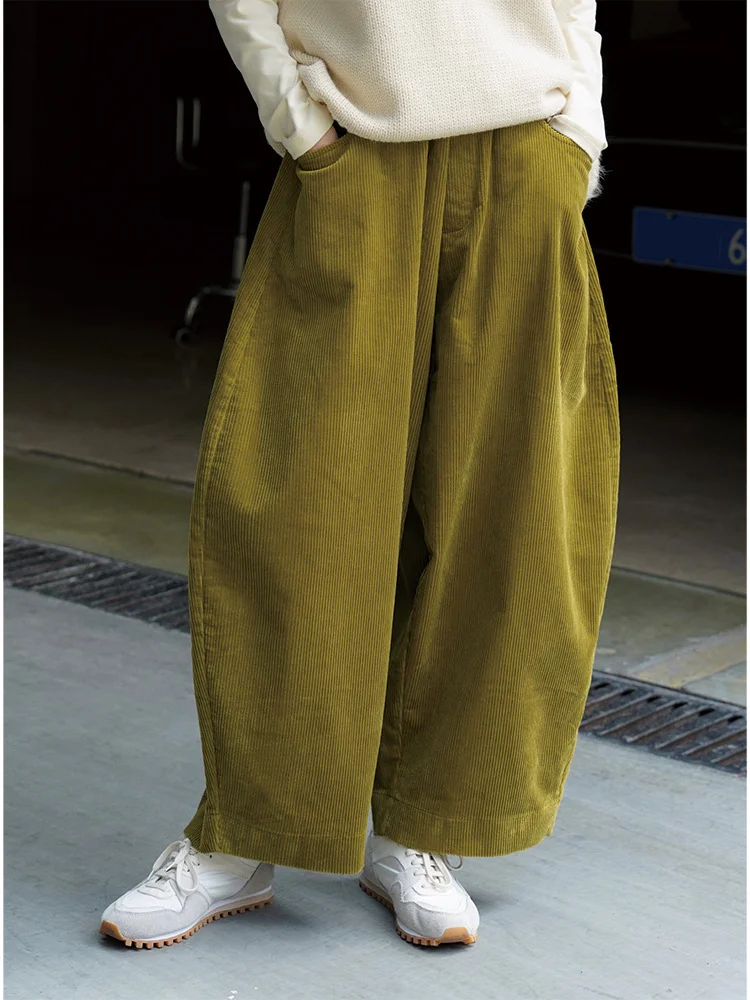 HanOrange 2026 Autumn Winter Lazy Arc Corduroy Wide Leg Pants Women Elastic Waist Loose Casual Comfortable Trousers Female