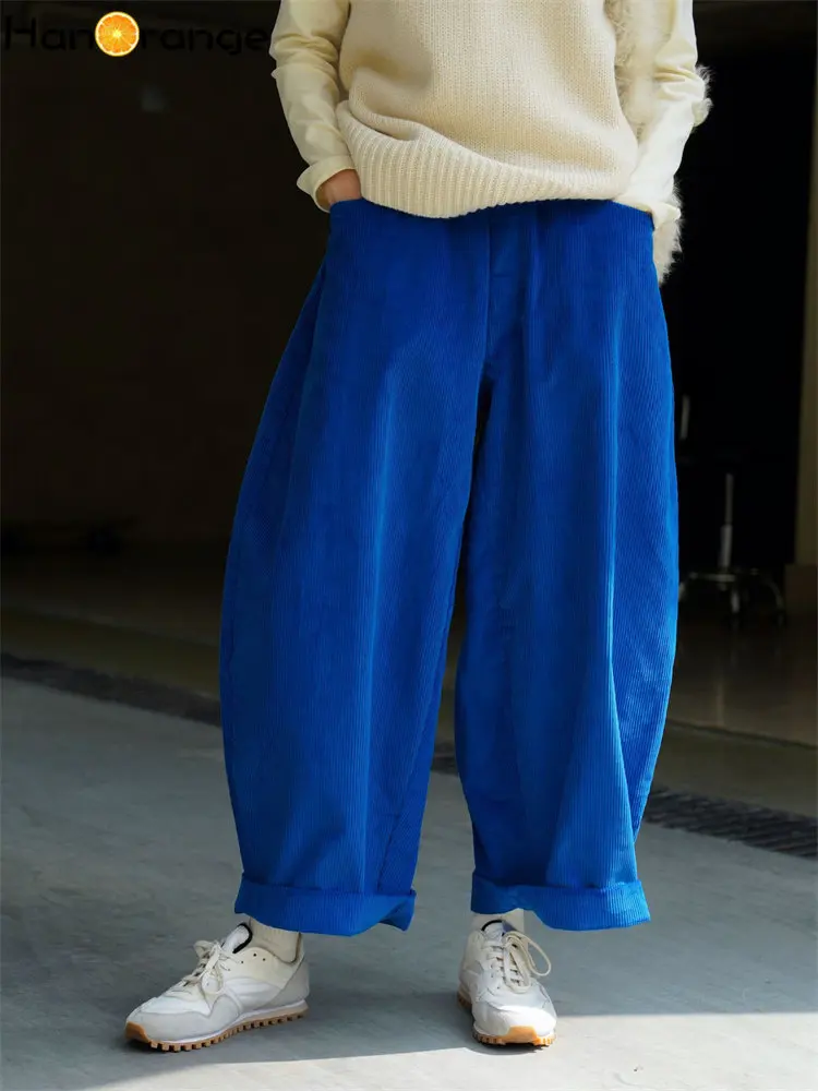 HanOrange 2026 Autumn Winter Lazy Arc Corduroy Wide Leg Pants Women Elastic Waist Loose Casual Comfortable Trousers Female