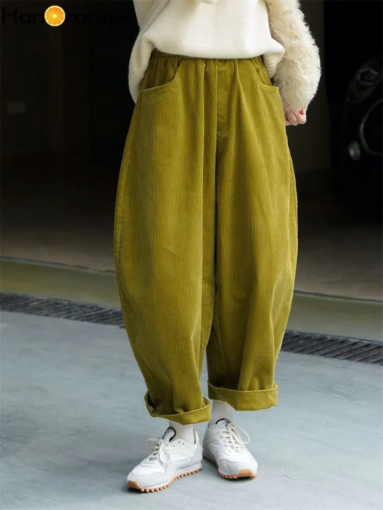 HanOrange 2026 Autumn Winter Lazy Arc Corduroy Wide Leg Pants Women Elastic Waist Loose Casual Comfortable Trousers Female