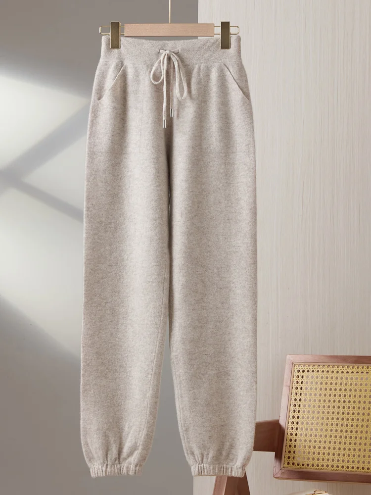 100% Merino Wool Pants Women Jogger Trousers Autumn Winter New Fashion French Style Thick Soft Casual Female Knit Pencil Pants