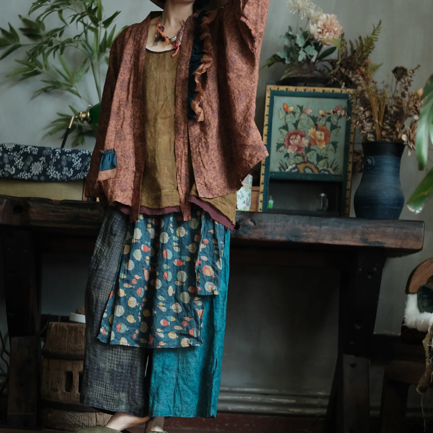 100% Ramie Women Ankle-length Casual Pants New 2026 Summer Vintage Style Patchwork Color Loose Female Wide Leg Pants M2383