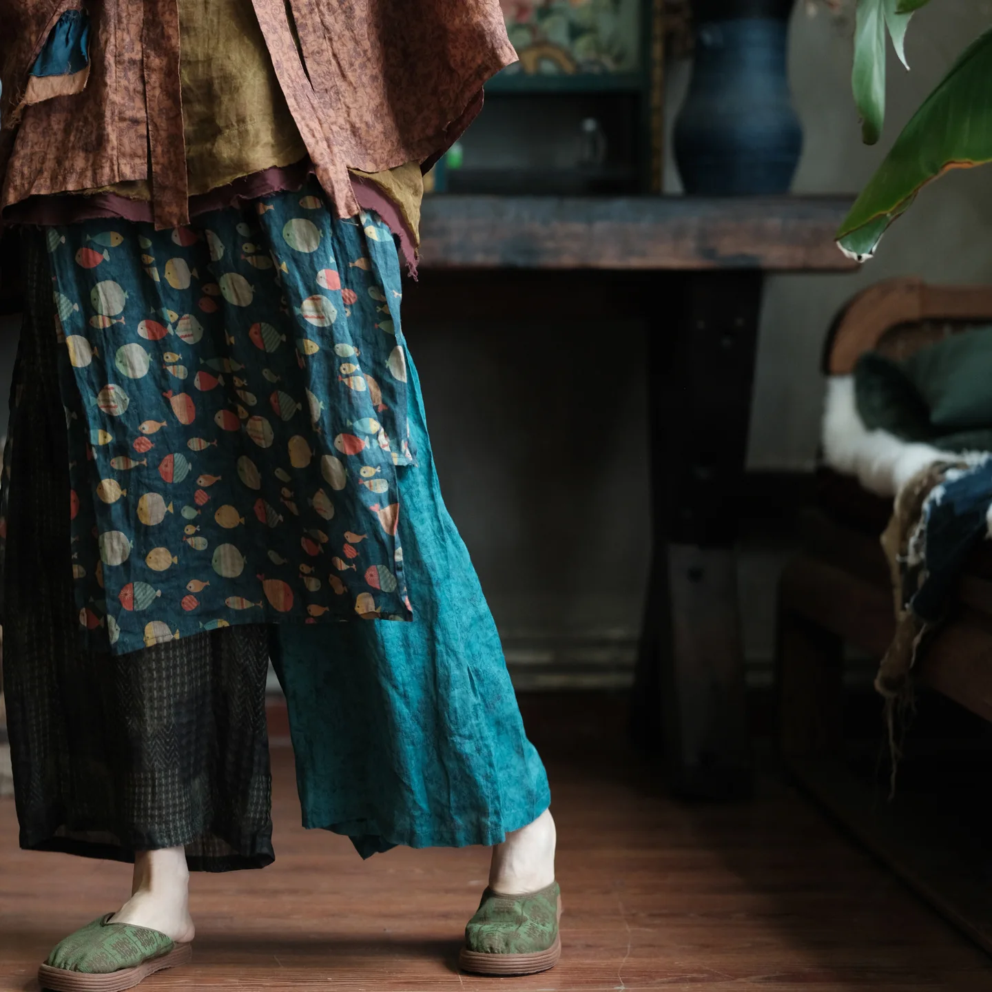 100% Ramie Women Ankle-length Casual Pants New 2026 Summer Vintage Style Patchwork Color Loose Female Wide Leg Pants M2383