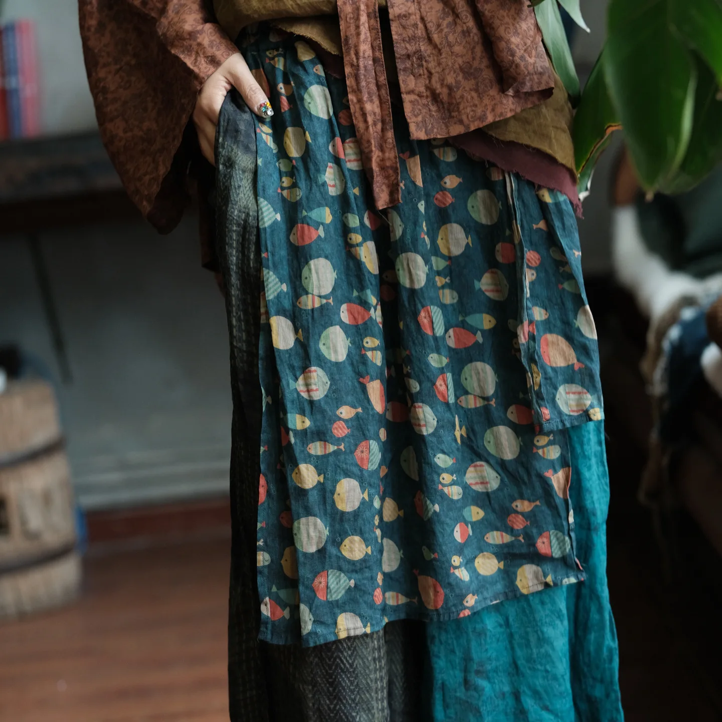 100% Ramie Women Ankle-length Casual Pants New 2026 Summer Vintage Style Patchwork Color Loose Female Wide Leg Pants M2383