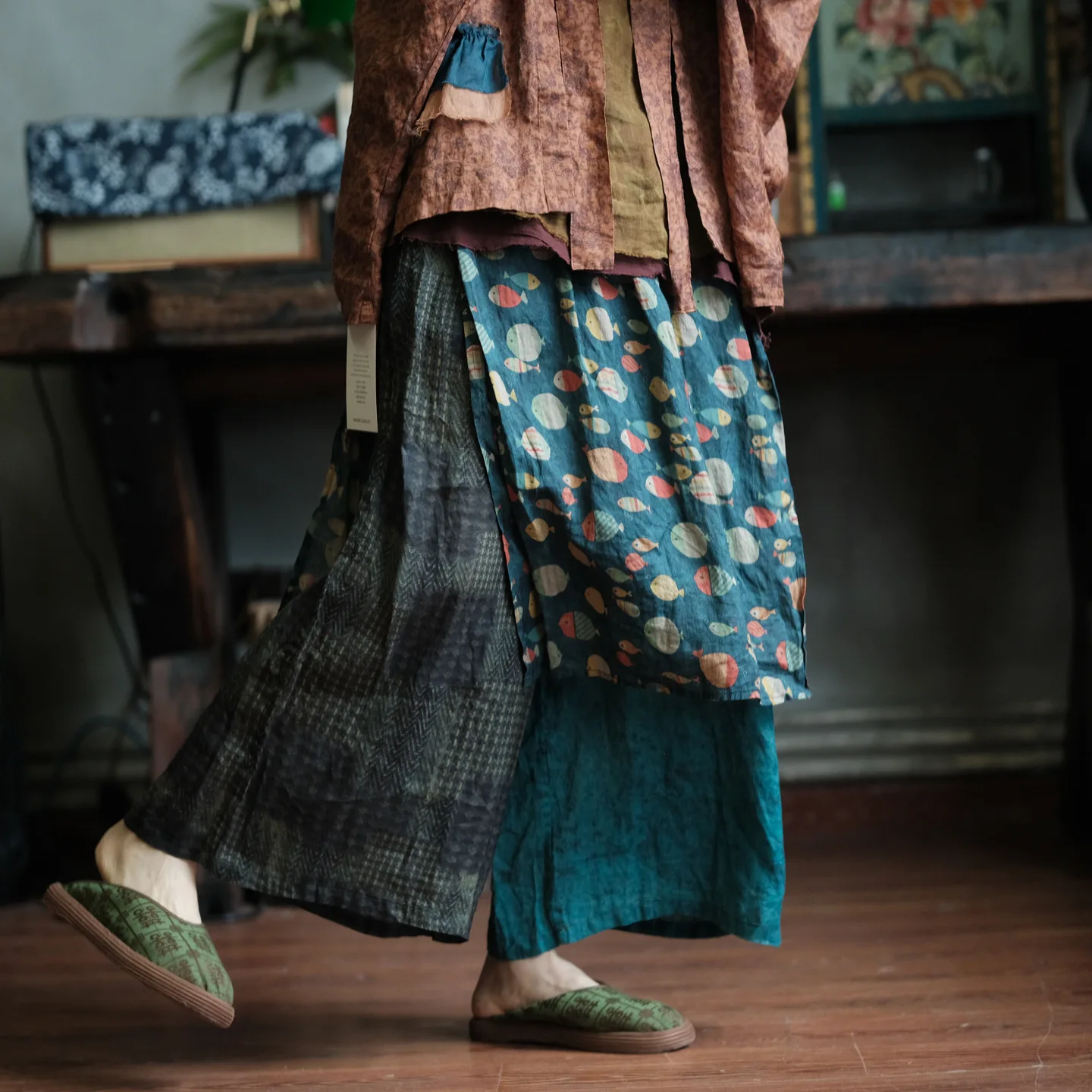 100% Ramie Women Ankle-length Casual Pants New 2026 Summer Vintage Style Patchwork Color Loose Female Wide Leg Pants M2383