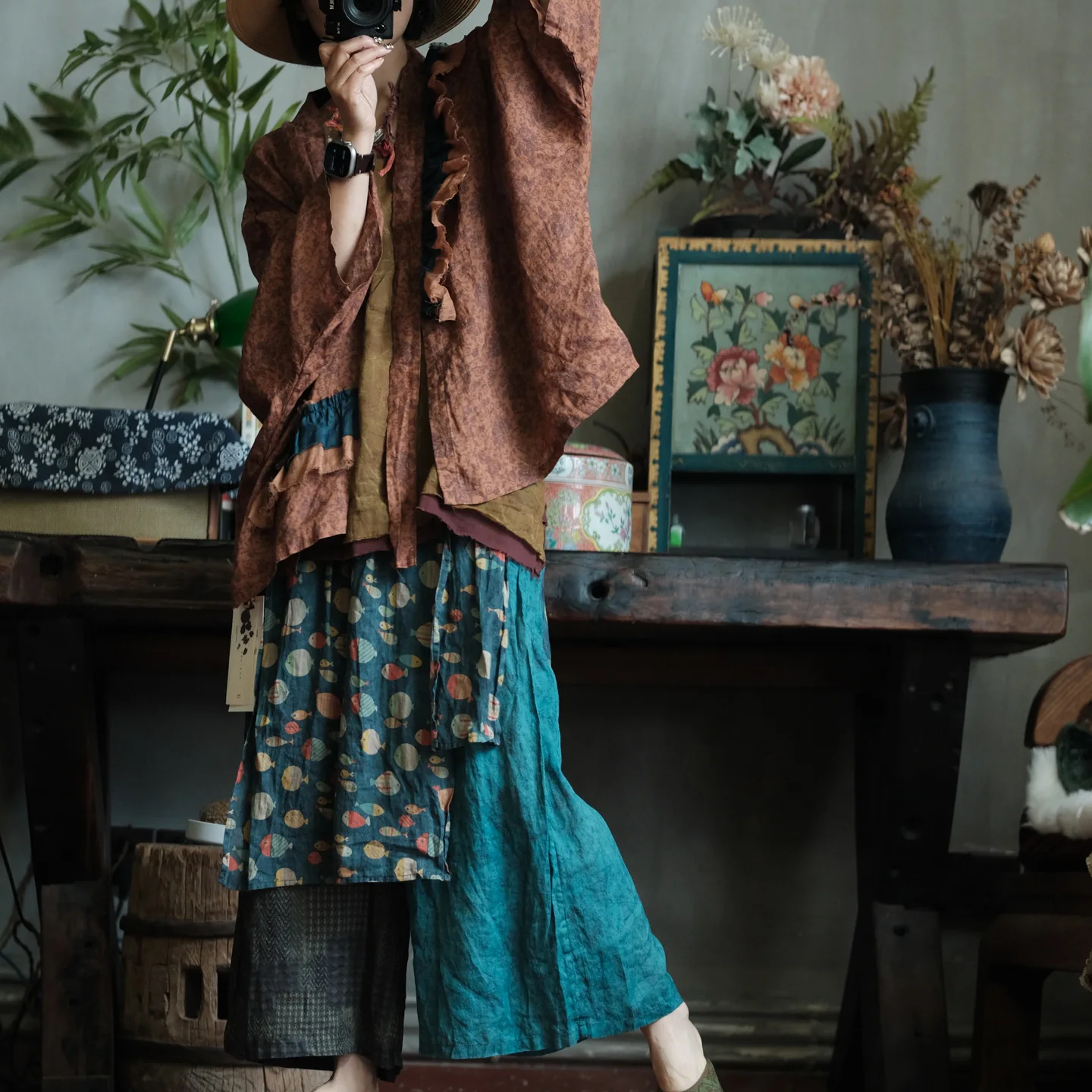 100% Ramie Women Ankle-length Casual Pants New 2026 Summer Vintage Style Patchwork Color Loose Female Wide Leg Pants M2383