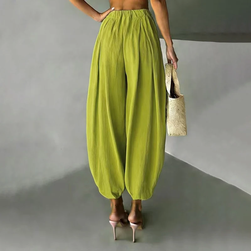 OMSJ Elegant Fashion Loose Fit Lantern Pants Women's Solid Color High Waist Pleated Comfortable Casual Trousers Party Streetwear