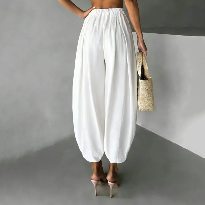 OMSJ Elegant Fashion Loose Fit Lantern Pants Women's Solid Color High Waist Pleated Comfortable Casual Trousers Party Streetwear