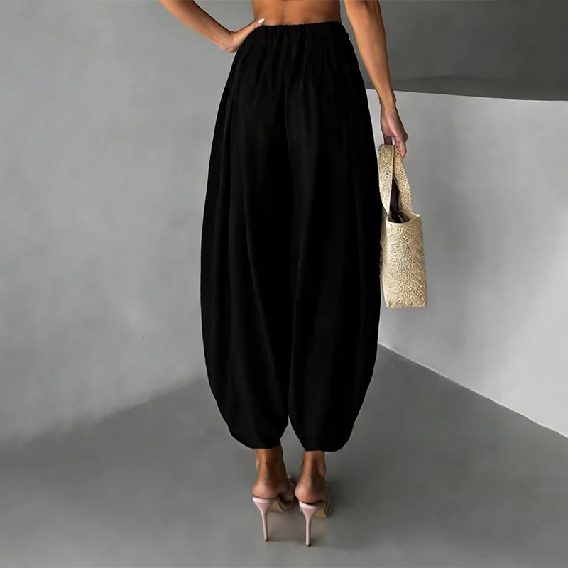 OMSJ Elegant Fashion Loose Fit Lantern Pants Women's Solid Color High Waist Pleated Comfortable Casual Trousers Party Streetwear