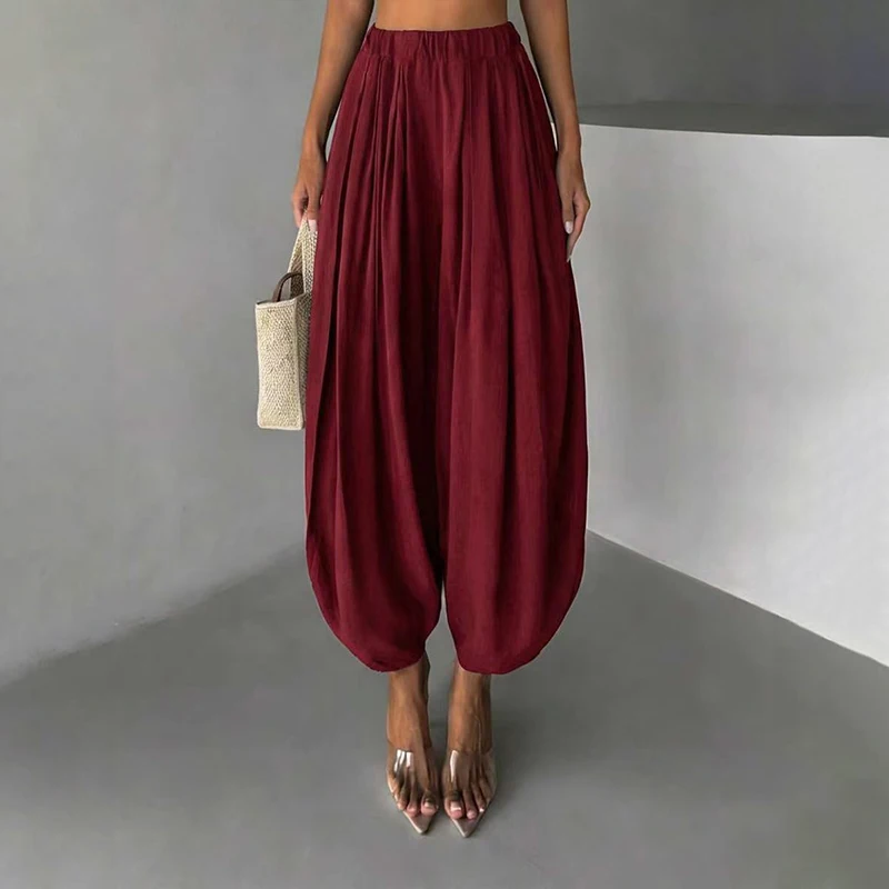 OMSJ Elegant Fashion Loose Fit Lantern Pants Women's Solid Color High Waist Pleated Comfortable Casual Trousers Party Streetwear
