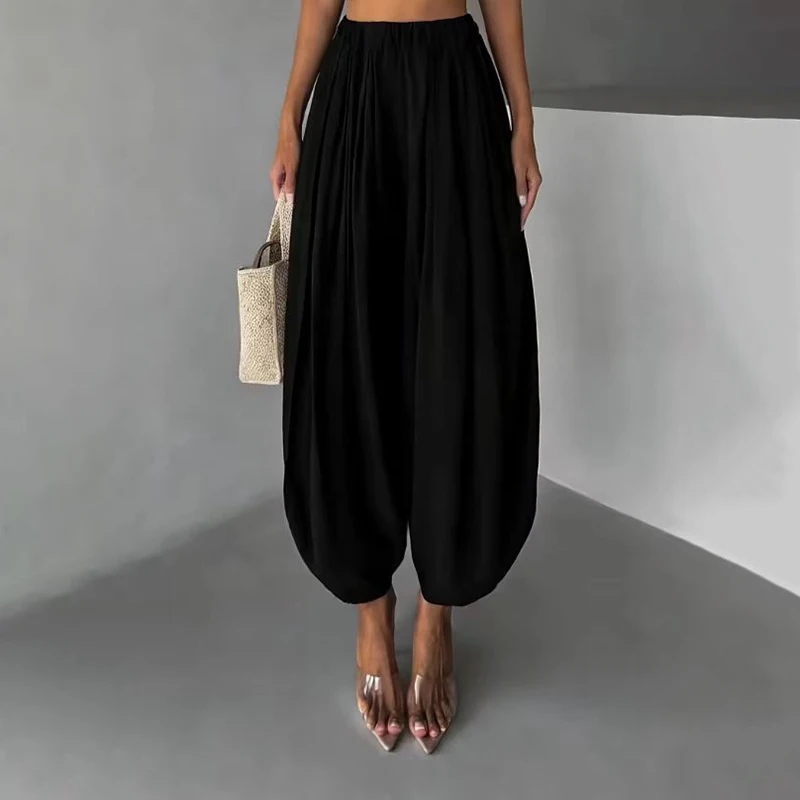 OMSJ Elegant Fashion Loose Fit Lantern Pants Women's Solid Color High Waist Pleated Comfortable Casual Trousers Party Streetwear
