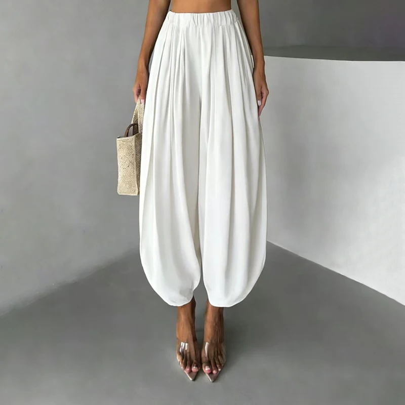 OMSJ Elegant Fashion Loose Fit Lantern Pants Women's Solid Color High Waist Pleated Comfortable Casual Trousers Party Streetwear