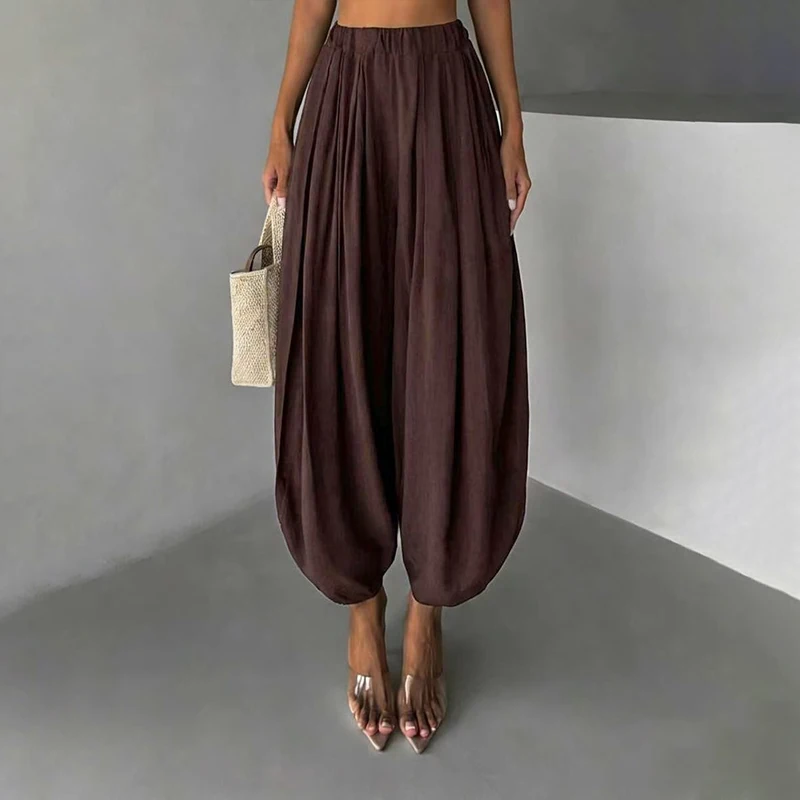OMSJ Elegant Fashion Loose Fit Lantern Pants Women's Solid Color High Waist Pleated Comfortable Casual Trousers Party Streetwear