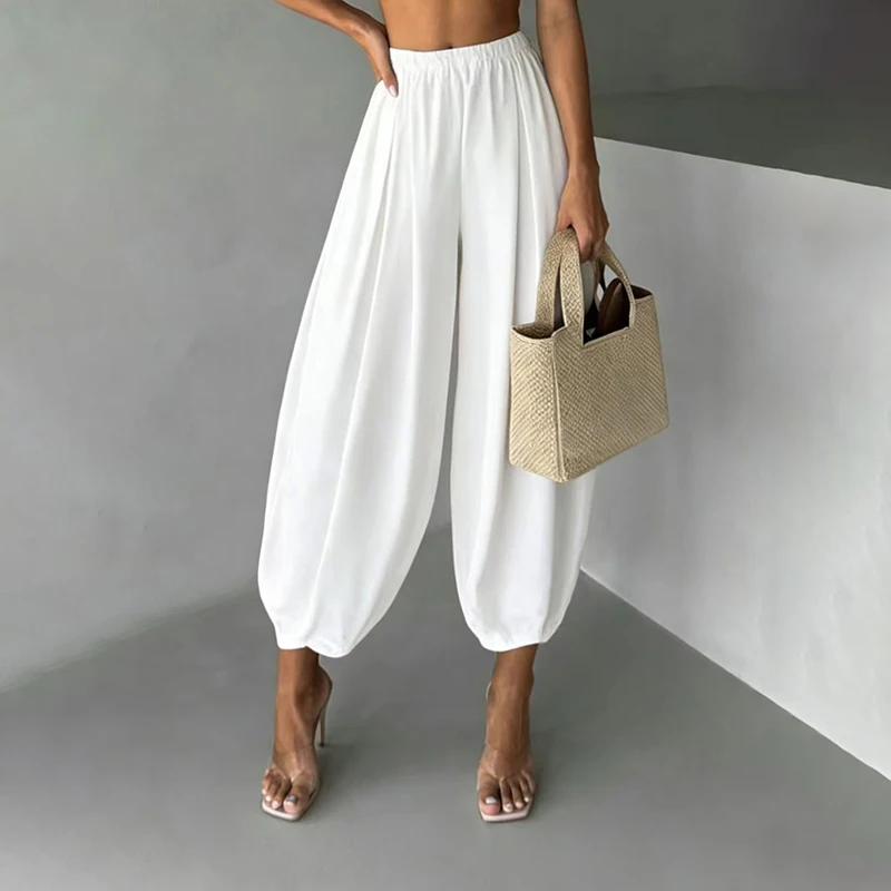 OMSJ Elegant Fashion Loose Fit Lantern Pants Women's Solid Color High Waist Pleated Comfortable Casual Trousers Party Streetwear