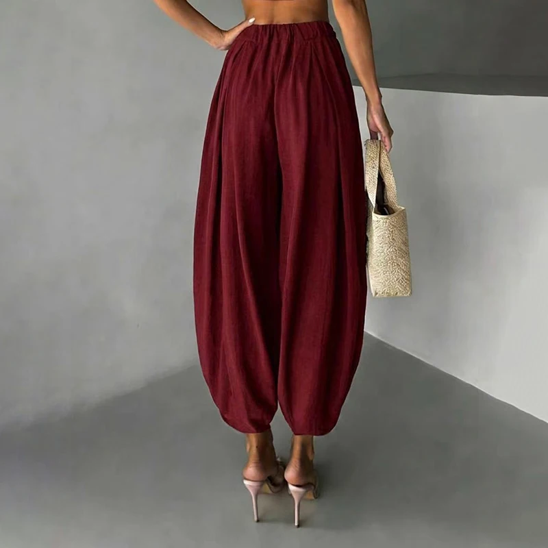 OMSJ Elegant Fashion Loose Fit Lantern Pants Women's Solid Color High Waist Pleated Comfortable Casual Trousers Party Streetwear