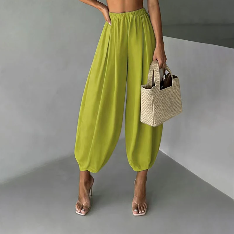 OMSJ Elegant Fashion Loose Fit Lantern Pants Women's Solid Color High Waist Pleated Comfortable Casual Trousers Party Streetwear