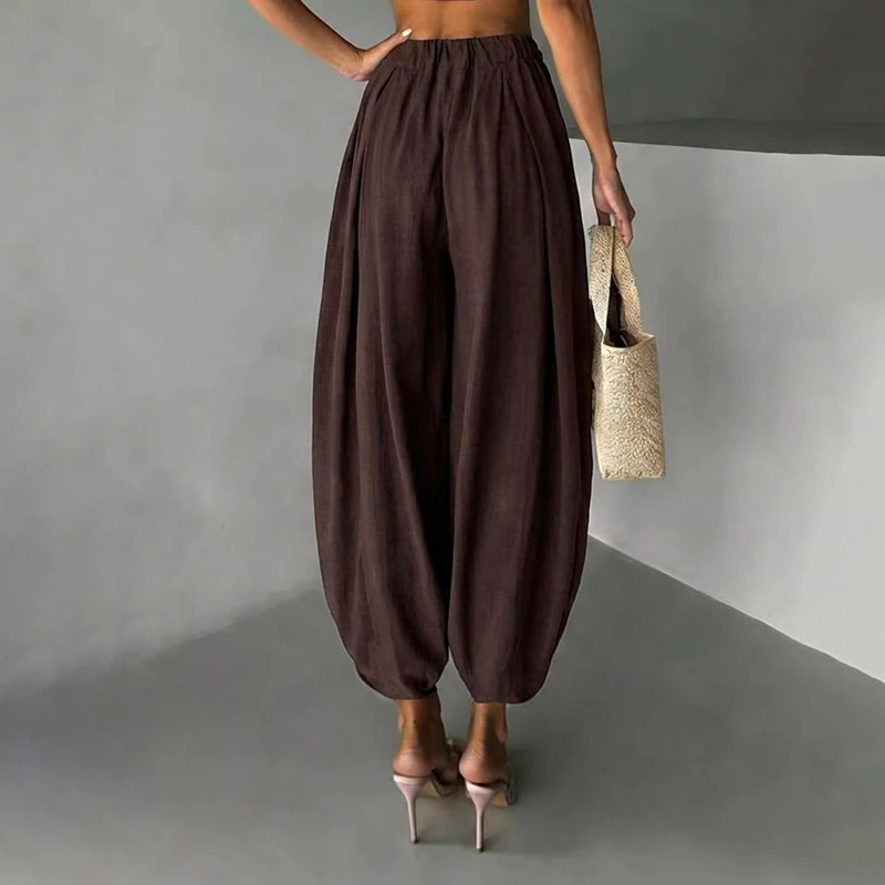 OMSJ Elegant Fashion Loose Fit Lantern Pants Women's Solid Color High Waist Pleated Comfortable Casual Trousers Party Streetwear
