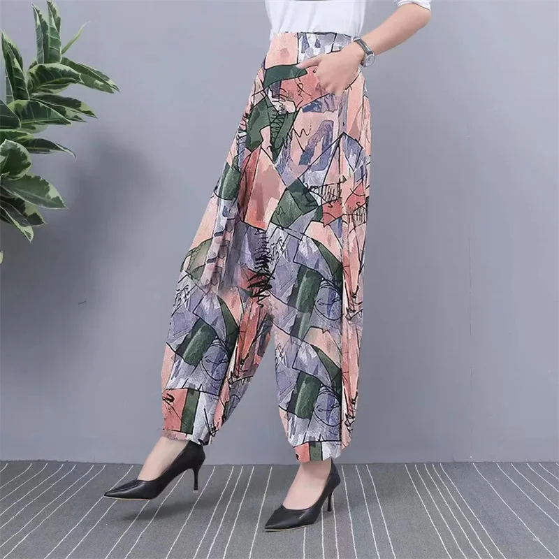 2024 NEW Ice Silk Pants Women Summer Elastic High Waist Thin Harem Pants Fashion Printed Casual Wide Leg Pants Female Trousers