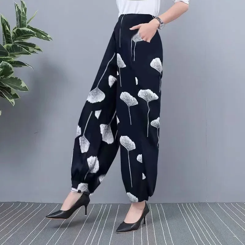 2024 NEW Ice Silk Pants Women Summer Elastic High Waist Thin Harem Pants Fashion Printed Casual Wide Leg Pants Female Trousers