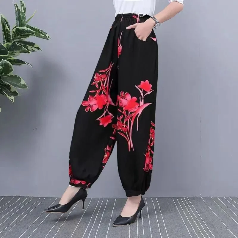 2024 NEW Ice Silk Pants Women Summer Elastic High Waist Thin Harem Pants Fashion Printed Casual Wide Leg Pants Female Trousers