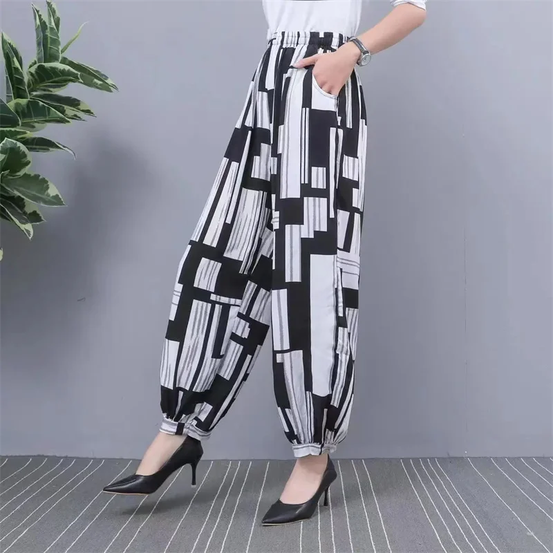 2024 NEW Ice Silk Pants Women Summer Elastic High Waist Thin Harem Pants Fashion Printed Casual Wide Leg Pants Female Trousers