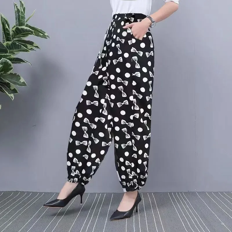 2024 NEW Ice Silk Pants Women Summer Elastic High Waist Thin Harem Pants Fashion Printed Casual Wide Leg Pants Female Trousers