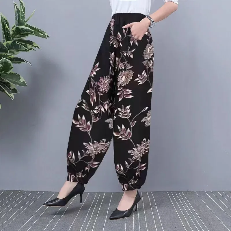 2024 NEW Ice Silk Pants Women Summer Elastic High Waist Thin Harem Pants Fashion Printed Casual Wide Leg Pants Female Trousers