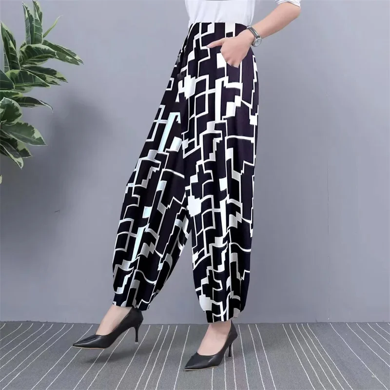 2024 NEW Ice Silk Pants Women Summer Elastic High Waist Thin Harem Pants Fashion Printed Casual Wide Leg Pants Female Trousers