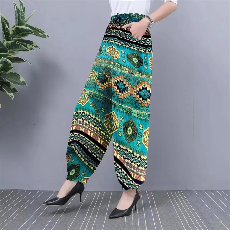 2024 NEW Ice Silk Pants Women Summer Elastic High Waist Thin Harem Pants Fashion Printed Casual Wide Leg Pants Female Trousers