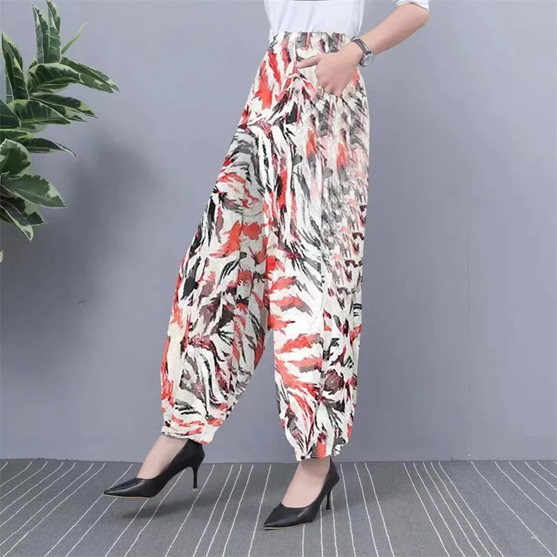 2024 NEW Ice Silk Pants Women Summer Elastic High Waist Thin Harem Pants Fashion Printed Casual Wide Leg Pants Female Trousers