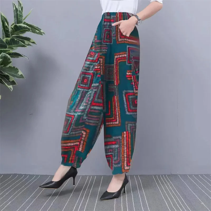 2024 NEW Ice Silk Pants Women Summer Elastic High Waist Thin Harem Pants Fashion Printed Casual Wide Leg Pants Female Trousers