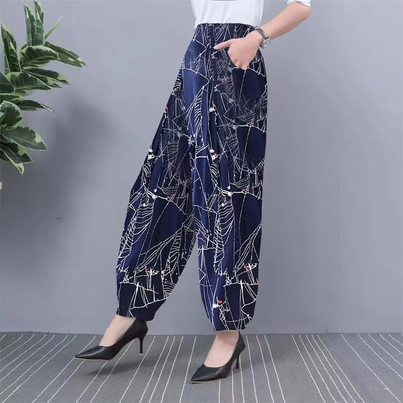 2024 NEW Ice Silk Pants Women Summer Elastic High Waist Thin Harem Pants Fashion Printed Casual Wide Leg Pants Female Trousers