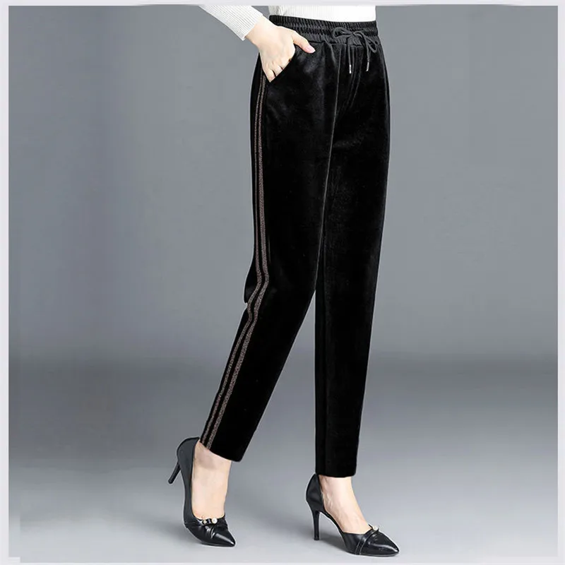 Winter Women's Gold Velvet Pants Casual Loose Straight Pants Female Autumn Winter Elastic Waist Trousers 5XL Black W24