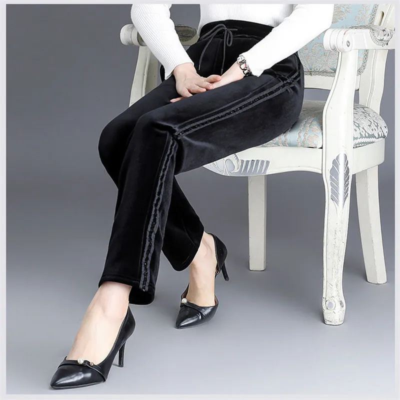 Winter Women's Gold Velvet Pants Casual Loose Straight Pants Female Autumn Winter Elastic Waist Trousers 5XL Black W24