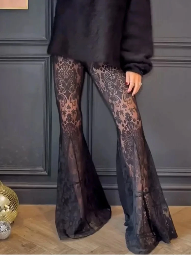 2026 Sexy Black Lace Pants For Women Fashion High Waist Wide Leg Long Pants Female Elegant Streetwear Party Womens Clothing New