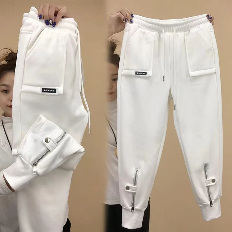 Autumn Winter Women Pants Add Velvet Pants Elastic Waist Zipper Guard Harem Pants Casual Sports Trousers Female Harem Pants