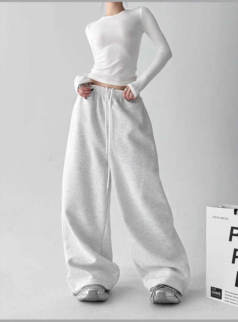 2026 New Women's Vintage Korean Baggy Sweatpants Autumn Loose Wide Leg Streetwear Casual Zipper Fly Female Trousers