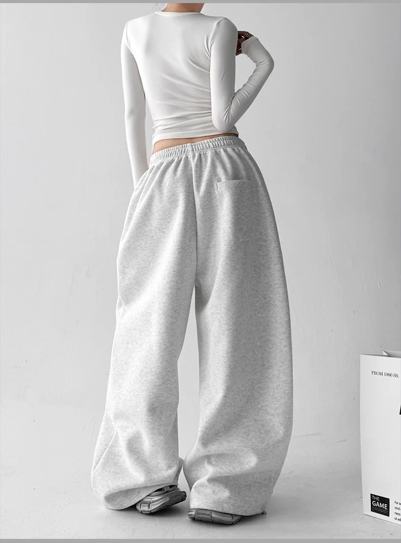2026 New Women's Vintage Korean Baggy Sweatpants Autumn Loose Wide Leg Streetwear Casual Zipper Fly Female Trousers