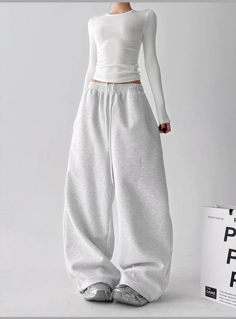 2026 New Women's Vintage Korean Baggy Sweatpants Autumn Loose Wide Leg Streetwear Casual Zipper Fly Female Trousers