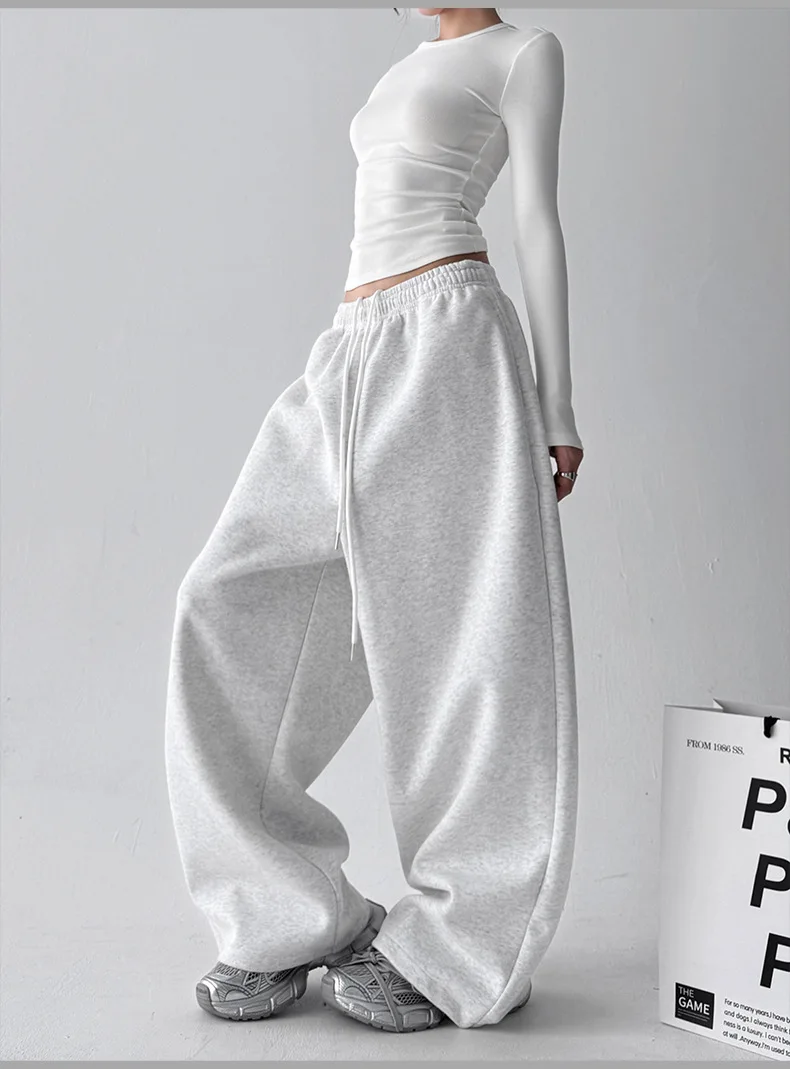 2026 New Women's Vintage Korean Baggy Sweatpants Autumn Loose Wide Leg Streetwear Casual Zipper Fly Female Trousers