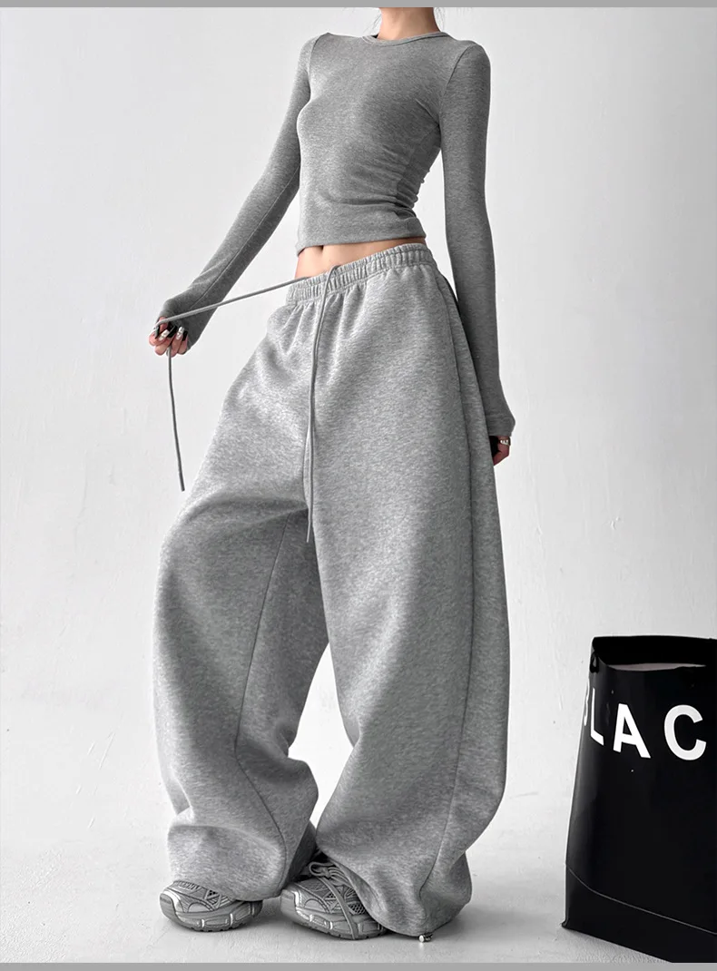 2026 New Women's Vintage Korean Baggy Sweatpants Autumn Loose Wide Leg Streetwear Casual Zipper Fly Female Trousers