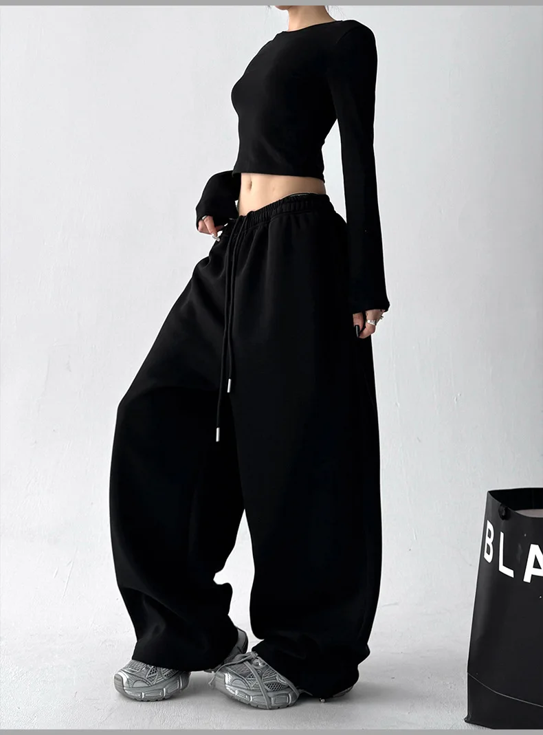 2026 New Women's Vintage Korean Baggy Sweatpants Autumn Loose Wide Leg Streetwear Casual Zipper Fly Female Trousers