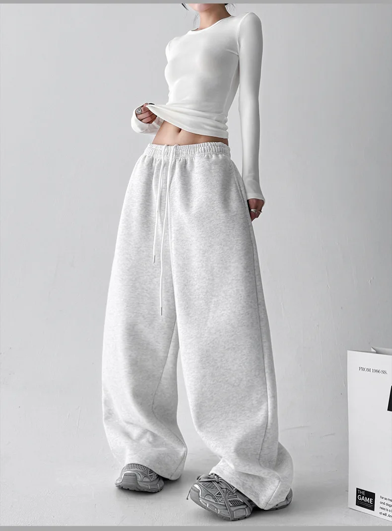 2026 New Women's Vintage Korean Baggy Sweatpants Autumn Loose Wide Leg Streetwear Casual Zipper Fly Female Trousers