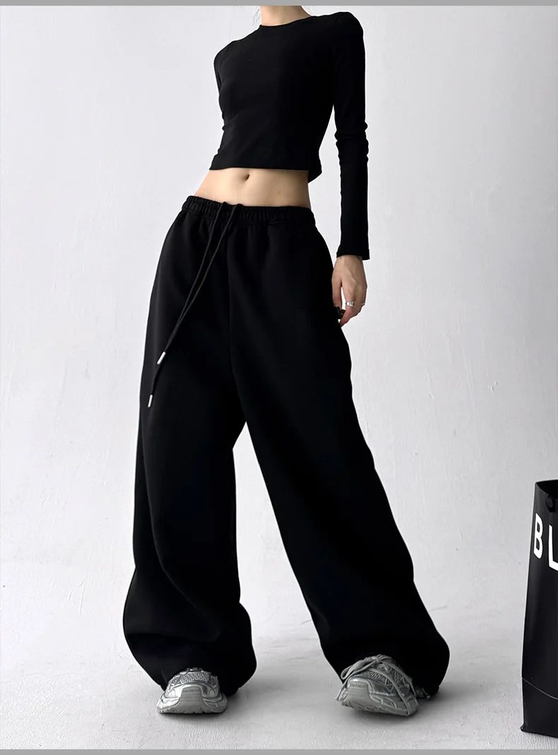 2026 New Women's Vintage Korean Baggy Sweatpants Autumn Loose Wide Leg Streetwear Casual Zipper Fly Female Trousers